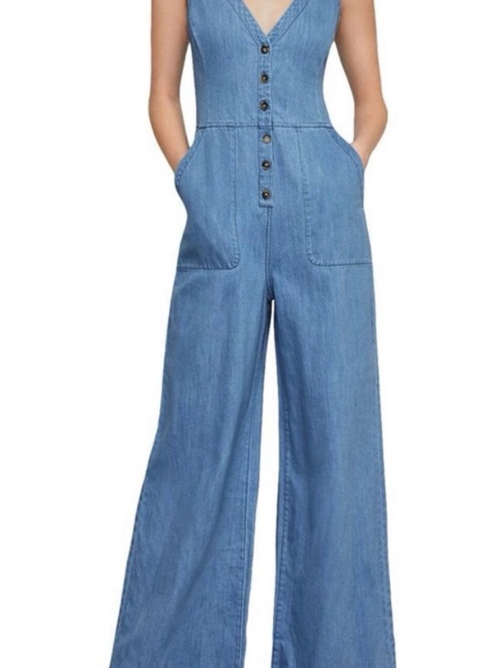 BCBGMaxAzria Light Blue Denim Wide-Leg Overall Jumpsuit